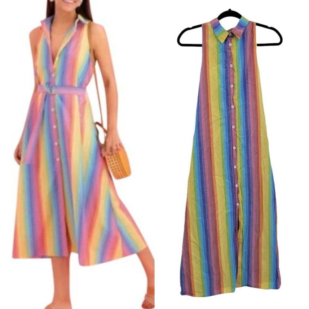 M.D.S. Stripes Shirtdress Dress Rainbow Pinafore Collar A-line Midi Pockets Sz 2